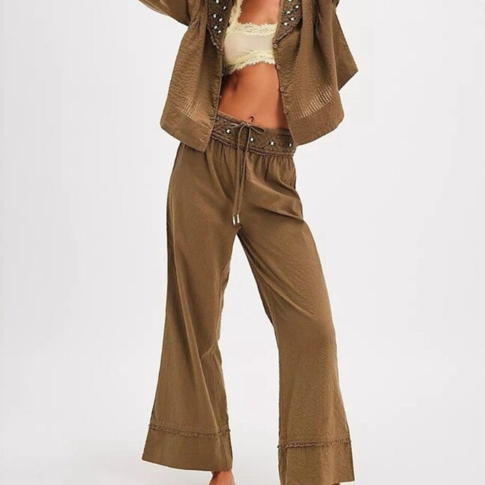NWOT Free People Pajama Set, olive green with blue flowers. Smocked detail